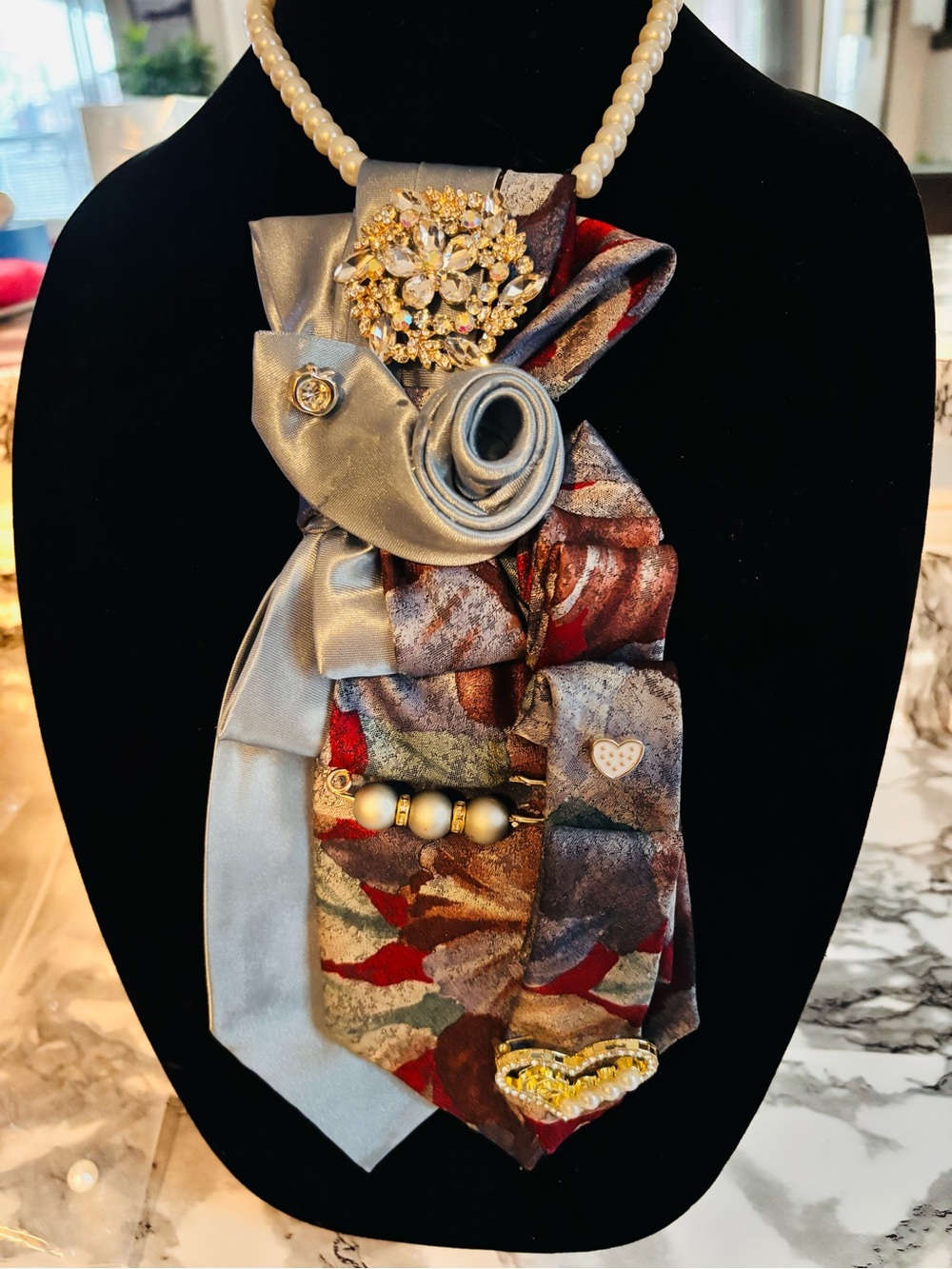 Elegant Multicolor Satin Scarf Necklace with Pearl Strand